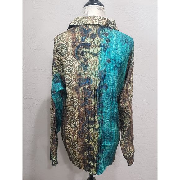 Chico's 100% Silk Multi Color Unique Design Button Up Collared Blouse | Size 2 - Picture 2 of 7